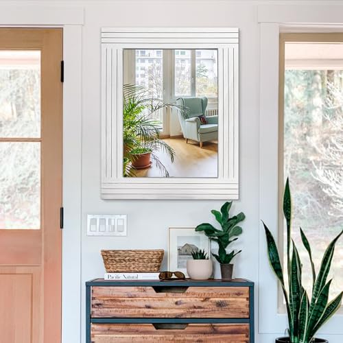 HLFMVWE Large Rustic Wall Mirror, Rectangular Vintage Wood Framed Large Mirror Deco Farmhouse Living Room Bathroom Bedroom Entrance Mirror White 45x65cm - Image 3