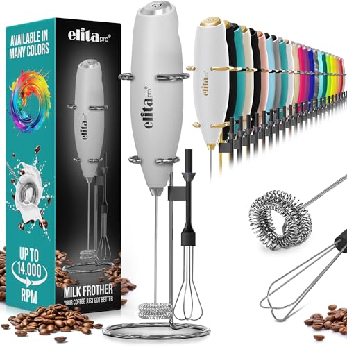 ELITAPRO ULTRA-HIGH SPEED Milk Frother - Double Whisk Handheld Foam Maker - 2-in-1 Drink Mixer - Detachable Egg Beater - Frother Wand for Matcha, Coffee, Latte, Cappuccino, Hot Chocolate (Gray)