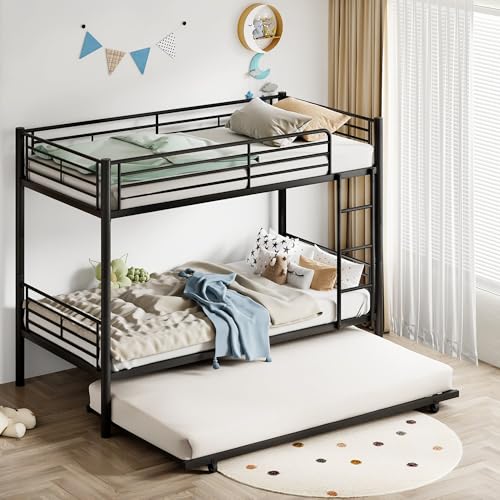 VECELO Single Bunk Bed with Trundle, Heavy Duty 3FT Metal Bed Frame with Ladder & Safety Guard Rails, Space Saving High Sleeper Beds, Noise Free, No Boxing Spring Needed