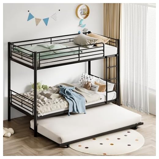 VECELO Single Bunk Bed with Trundle, Heavy Duty 3FT Metal Bed Frame with Ladder & Safety Guard Rails, Space Saving High Sleeper Beds, Noise Free, No Boxing Spring Needed