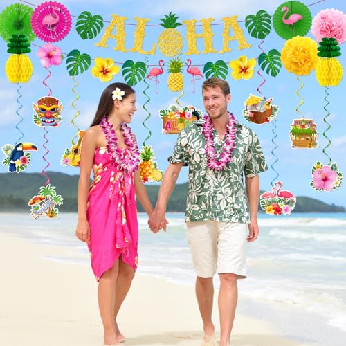 Image of Hawaiian Party Decorations, Luau Decorations includes Glitter Aloha Banner Tropical Hawaii Hanging Swirls and Tissue Pom Poms, Hawaiian Luau Decorations for Summer Tropical Beach Tiki Bar Party