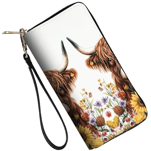 Image of RFID Blocking Leather Wallet for Women - Large Capacity Zip Around Clutch with 8 Card Slots,41 Cash Pockets & Coin Zipper,Sunflower Highland Cattle