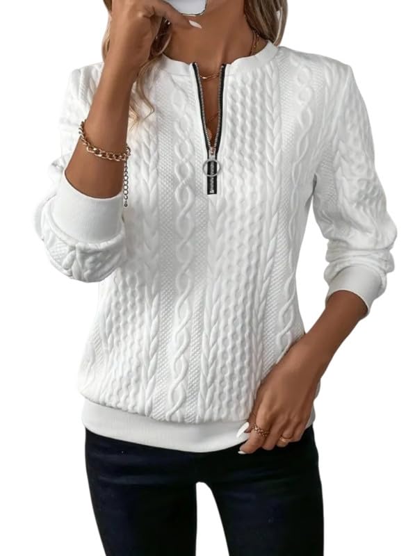 Sweatshirts Femme Demi-Fermeture Éclair Sweat sans Capuche Casual T-Shirts Manches Longues Chic Texture Torsadée Haut Décontracté Élégant Automne Pull pour Tous Les Jours Sportwear