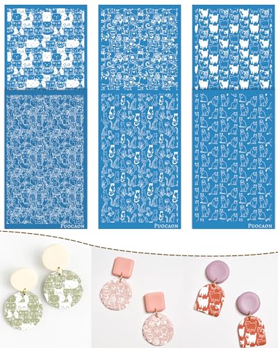 Puocaon Cats Clay Silkscreen Stencils - 6 Pcs Cute Animal Kittens Polymer Clay Silk Screen Stencils for Earrings, Black Cat Polymer Clay Earrings Jewelry Design