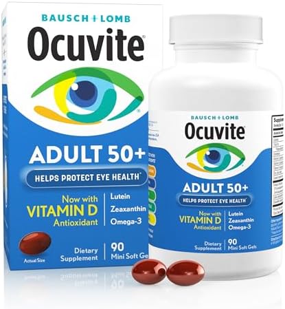 Ocuvite 50+ Eye Vitamin & Mineral Supplement, Multivitamin for Vision & Ocular Health with Omega-3, Zinc, Vitamins C & E, Lutein & Zeaxanthin, Zinc Supplements for Women and Men, 90 Softgels