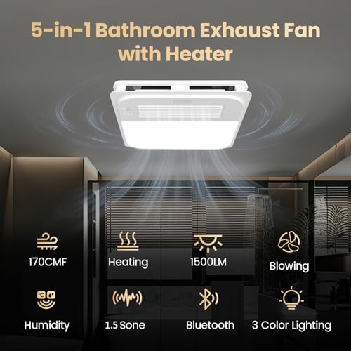 Extractores para Baños de Techo 5 en 1 con Calefacción, Luz LED 3CCT, Altavoz Bluetooth, Sensor de Humedad y Control Remoto | 1600 W, 170 CFM, 1,5 Sones, Blanco miniatura 2