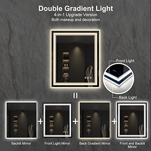 Image of Lighted Mirror, 30x36 Inch Gradient Front and Backlit LED Mirror, 3 Colors Dimmable CRI>90 Double Lights, IP54 Enhanced Anti-Fog, Hanging Plates Wall Mount LED Bathroom Mirror