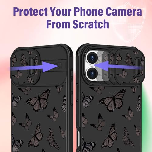 Image of Funermei for iPhone 17 Case - Women Girls Cute Phone Cover Pretty Girly Aesthetic Black Butterfly Unique Design with Slide Camera Cover and Dual Protection Funda for iPhone 17 Case