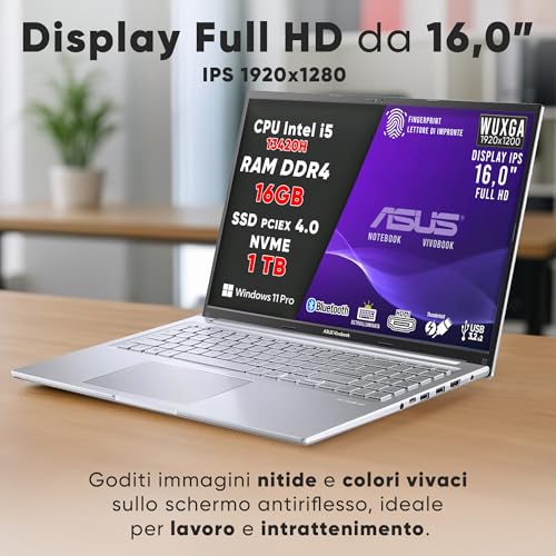 VivoBook Pc Portatile, Notebook i5 13420H, RAM DDR4 16Gb, SSD 1Tb PCI-e 4.0, DISPLAY IPS WUXGA 16,0" FHD, Computer Portatile, Laptop con Tastiera Retroilluminata, Fingerprint, Win 11 Pro, 16" - Notebook - Immagine 1