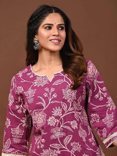Image of Rimeline Women's Floral Printed Cotton Kurti Top | Round Notch Neck 3 /4 Sleeve Straight Fit Casual Tunic