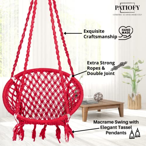 Image of Patiofy Cotton Netted Round Large Swing for Adults /Swing for Balcony /Swing Chair for Adults for Home /Hammock Swing for Adults /Swing Chair Wooden /Without Hanging Kit (120Kgs Weight Capacity- Red)