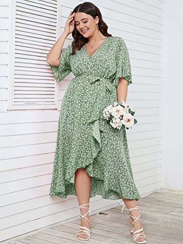 Image of SCOMCHIC Women Plus Size Maxi Dress Short Sleeve Wrap V Neck High Low Split Ruffle Long Dress