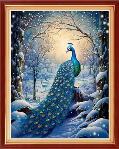 Dimxvean Stamped Cross Stitch Kits,Cross Stitch Kits for Adults Beginners,Embroidery Kits Full Range of Cross Stitch Stamped Kits Needlepoint Kits Cross Stitch Patterns-Blue Peacock Snow 16x20 inch