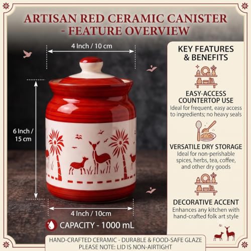 Image of D'Maiolica Ceramic Pickle Kitchen Jars in 1000ml | HandCrafted 1 kg Achaar Martban Barni | Ceramic Storage Containers | Jars for Achar, Spices, Salt (set of 2) (Safari Artisan Red)