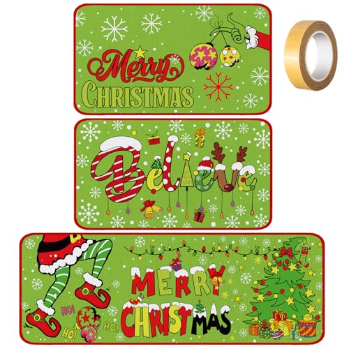 SATINIOR 3 Pcs Christmas Kitchen Rugs and Mats Set Anti-Fatigue Lime Green Red Xmas Kitchen Floor Mat Non Slip Farmhouse Believe Door Mat Holiday Merry Christmas Decor for Home Office Bathroom Decor