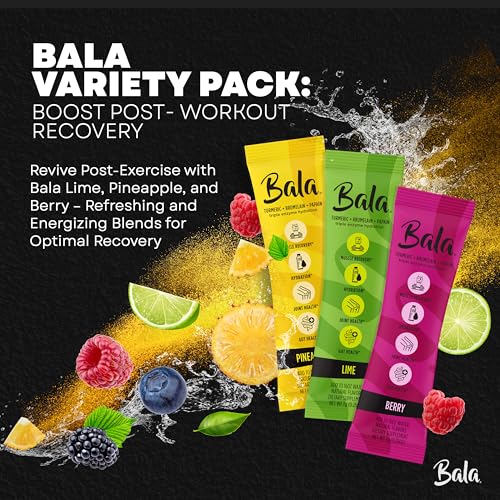Image of Bala Total Body Wellness Drink Mix, Hydrate & Recover Variety Pack, Pineapple, Lime & Berry, 4 Per Flavor, Zero Sugar Electrolytes Powder Packets with Enzymes & Amino Acids, Turmeric Drink, 12 Count