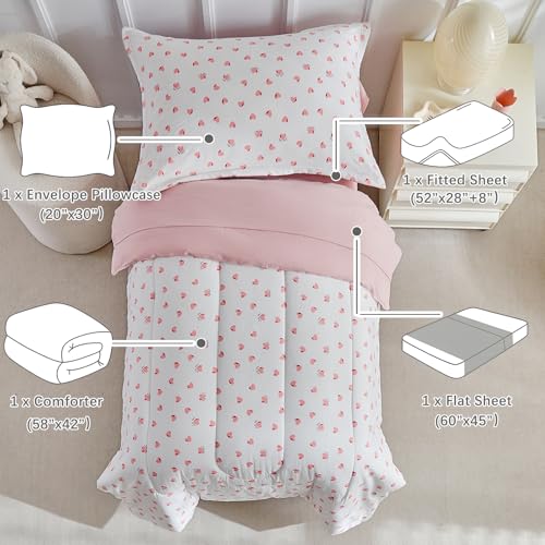 Image of DuShow Toddler Bedding Set for Girls,4 Piece Bed-in-a-Bag Toddler Comforter Sets,Pink Heart Crib Bedding Sheets Set,Include Quilt Comforter,Flat Sheet,Fitted Sheet,Pillowcase