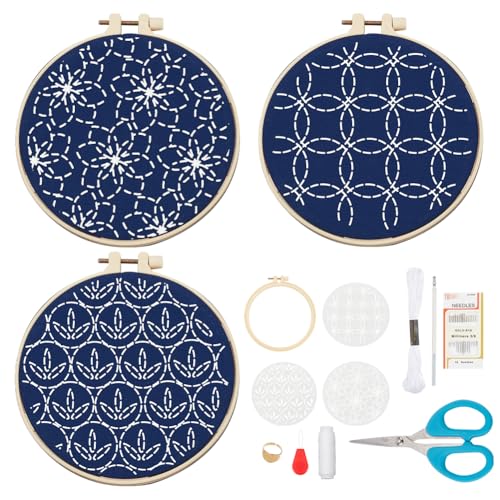 FREEBLOSS 3 Set Sashiko Kit Sashiko Embroidery Kit Beginner Embroidery Kit includes Embroidery Thread, Needles, Fabric and Hoop Embroidery Kits to Learn for Adults Wall Hanging Decor for Home