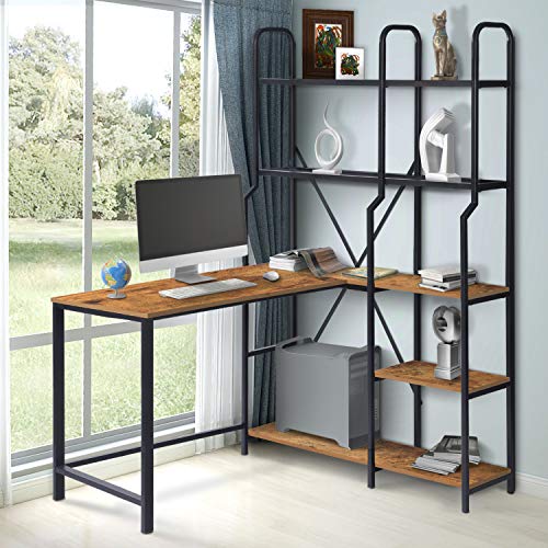 LYNSLIM L Shaped Computer Desk with 5 Tier Storage Shelves - 52" Corner Desk Study Writing Workstation with Bookshelves for Home Office Small Space (Charcoal Brown)