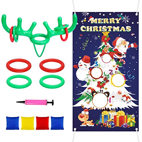 Gosear 11PCS Inflatable Reindeer Antler Ring Toss Game, Christmas Bean Bag Toss Banner Combo Set for Kids Christmas Party Games