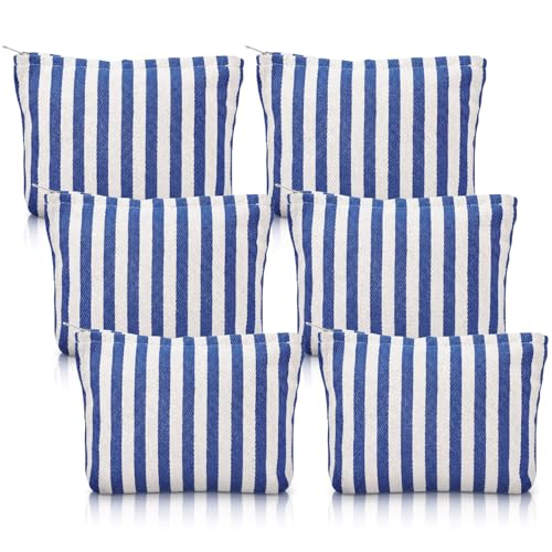 Abbylike 6 Pcs Blue Striped Makeup Bag Canvas Cosmetic Zipper