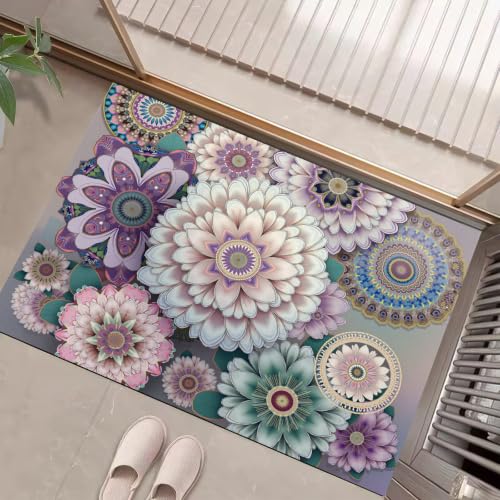 Paillasson fleurs sauvages géométriques rose clair 80x120 cm lavable - 5