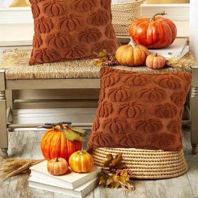2 Pieces Fall Pillow Case Cover 18x18 Pumpkin Pattern Soft Plush Faux Wool Couch Throw Pillow Covers Decoration