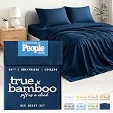 TRUE BAMBOO Sheets Set Queen Size - Silky Soft & Naturally Cooling for Hot Sleepers - Luxe 4 Piece Bed Sheets with Breathable & Moisture-Wicking Fabric - 16' Deep Pocket with Corner Straps, Dark Blue
