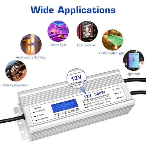 Image of LED Driver 500 Watts, IP67 Waterproof 12V Power Supply, AC 90-140V to DC 12V 41.6A Low Voltage Transformer with 3-Prong Plug 3.28ft Cable for LED Lights, Computer Project, Outdoor Use