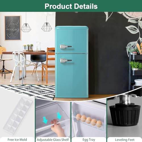 Image of Retro Mini Refrigerator with Freezer 3.5 Cu. Ft. with 7-Level Adjustable Thermostat, Vintage Small Fridge with Freezer for Apartment, Compact Retro Fridge for Office, College, RV, Mint Blue