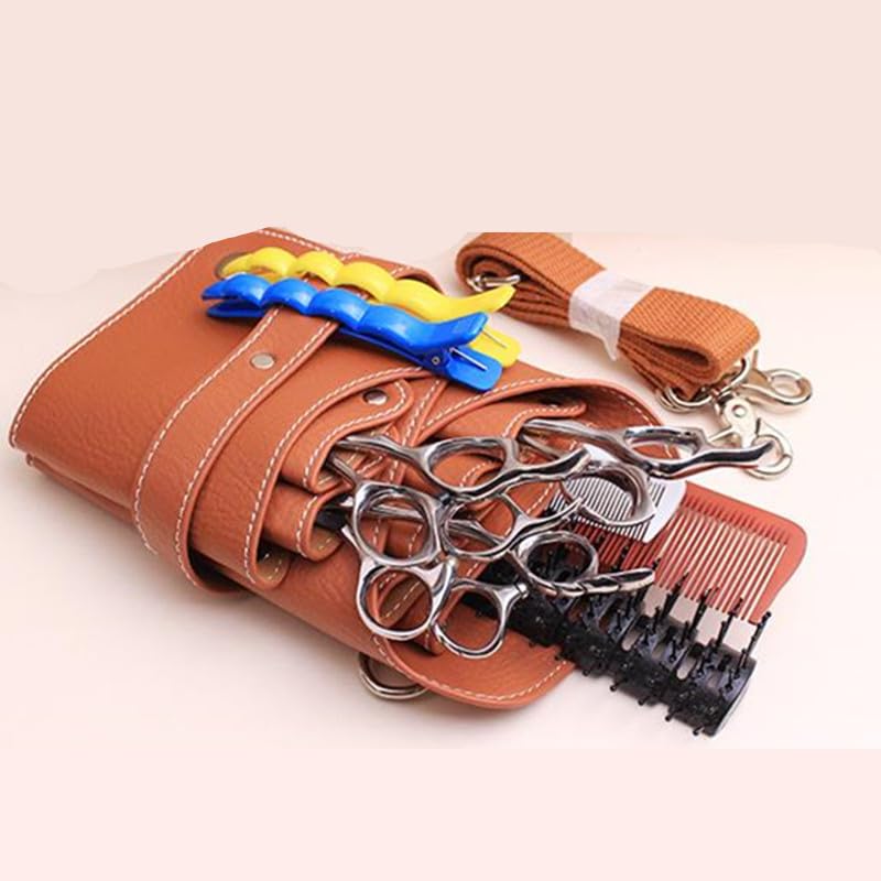 Borsa Parrucchiere Borsa porta forbici for capelli in pelle PU con 6 tasche, grande spazio, for salone da barbiere, pettine for, custodia cintura, strumento for parrucchiere(Brown)