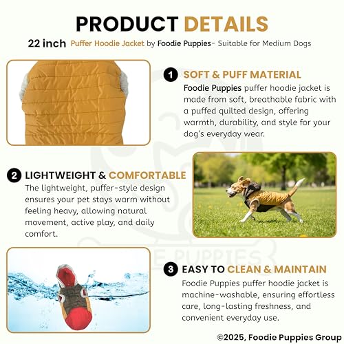 Image of Foodie Puppies Dog Puffer Hoodie Warm Winter Jacket - (Yellow Olive, 22 Inch) for Medium Sized Dogs | Ultra Warm Waterproof & Windproof Fur Coat | Washable Pet Vest Apparel for Cold Weather