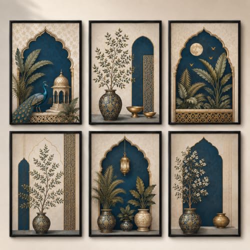 Image of Artsense Mughal Botanical Wall Art Set of 6 | Royal Peacock Arch Floral Decorative Paintings | Traditional Indian Palace Aesthetic Wall Decor for Living Room Bedroom Office