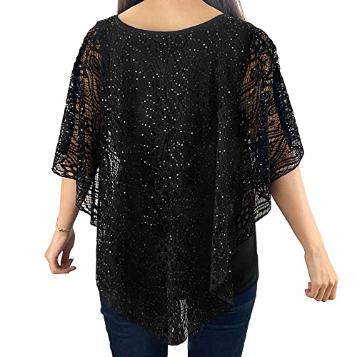 Brittany Black Women’s V-Neck 3/4 Sleeve Lace Poncho Floral Print Knit Blouse3