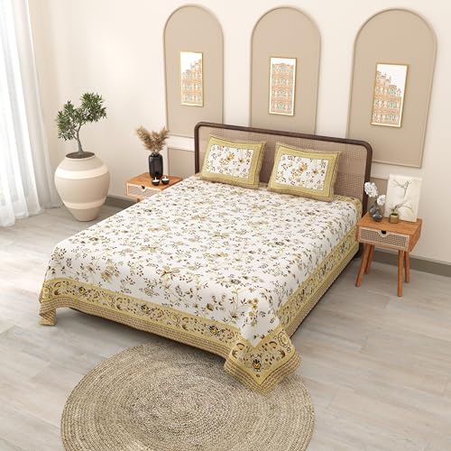 Image of 144 TC 100% Cotton Bedsheet for Double Bed King Size with 2 Pillow Covers | Breathable & Super Soft Rajasthani Sanganeri Jaipuri Printed Bed Sheet - 90 * 108 Inches (Floral Brown White)