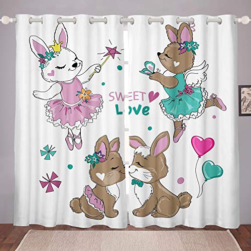 Loussiesd Rabbit Curtains for Bedroom Living Room Bunny Couple Curtains for Kids Girls Cartoon Animals Printed Windows Drapes Cute Rabbits Pattern Room Decoration, W46*L54