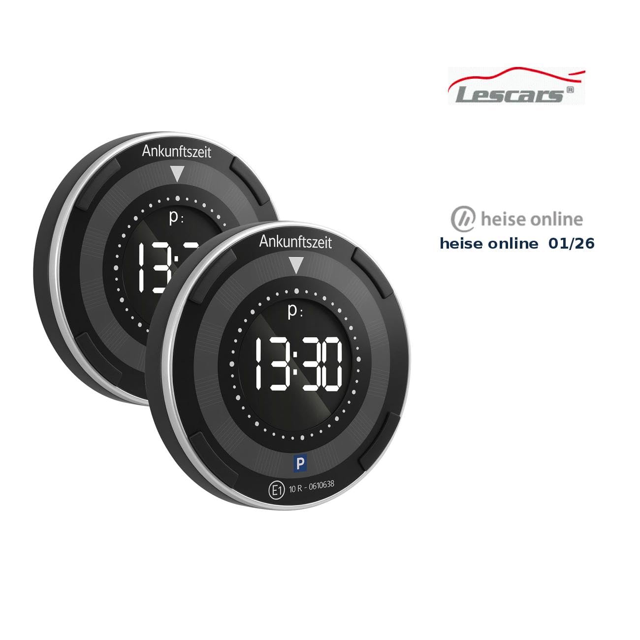 Lescars kompakte Parkscheibe: 2er-Set e-Parkscheiben, ECE-Zulassung, Erschütterungssensor, Solar (Windschutzscheibe Parkscheibe, mit Sensor, Display)