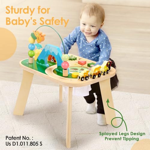 oathx Activity Table for 1 Year Old Toddler, 9-in-1 Multi-Colorful Wooden Montessori Toys, Baby Play Table with Bead Maze Shape Sorter Train Toy, Educational Gifts for 12 Months+ Kids Boys Girls