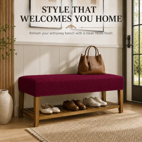 Image of Street27 High Stretch Jacquard Dining Bench Cover Elastic Chair Covers - Anti-Dust Removable Bench Slipcover Washable Bench Seat Protector Cushion Cover for Living Room, Bedroom, (Wine Red)