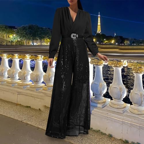 Mono de pierna ancha con lentejuelas para mujer traje elegante suelto de manga larga con escote en V 2