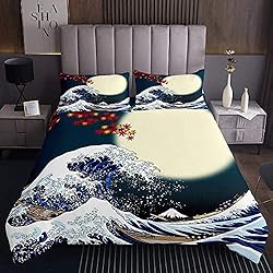 Colcha Japonesa Homemissing Juego de colcha japonesa japonesa con patrón de Hokusai, colcha de estilo japonés azul con patrón de ondas acolchadas para niños Fuji Mountain acolchado, 3 piezas dobles