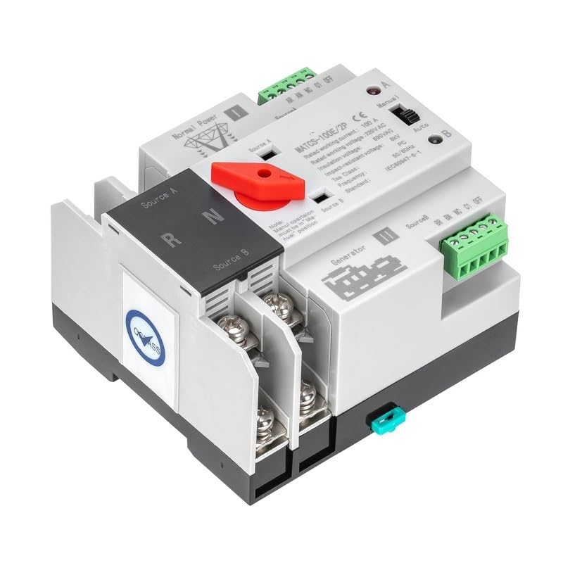 MATCS-100E/2P 100A 220VAC Dual Power Transfer Switch PC Type, DIN-Rail Mounting, Red Handle