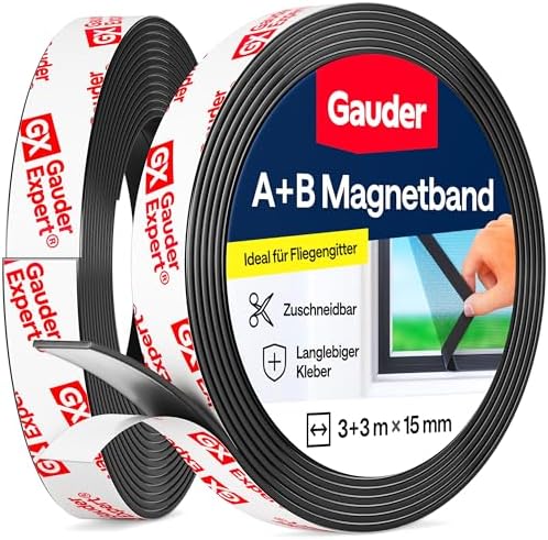 GAUDER A+B Magnetband selbstklebend, Magnetstreifen Fliegengitter (3+3 m) | Magnetklebeband mit Gegenstück und starkem Kleber, A und B mit starker gegenseitiger Anziehung, zuschnei