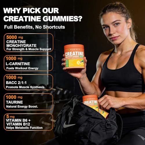 Image of kukaly Creatine Monohydrate Gummies for Men & Women, Creatine Gummies Sugar Free Pineapple Flavored with L-Taurine BCAA 2:1, B12 B6 for Boost Strength, Focus & Endurance, Vegan, Non-GMO 120pcs