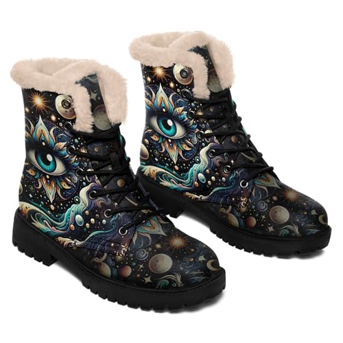 Bohemian Artistic Winter Boots for Women with Sun Moon Bee Mandala Patterns,Lace-up Cozy Snow Boots with Faux Fur Lining3
