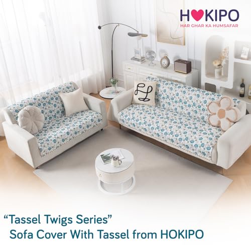 Image of HOKIPO Cerulean Bloom Quilted Sofa Cover 5 Seater with Tassels - (3+2) for Seat & Back | 'Tassel Twigs' Series (IN-991-T6 + IN-990-T6)