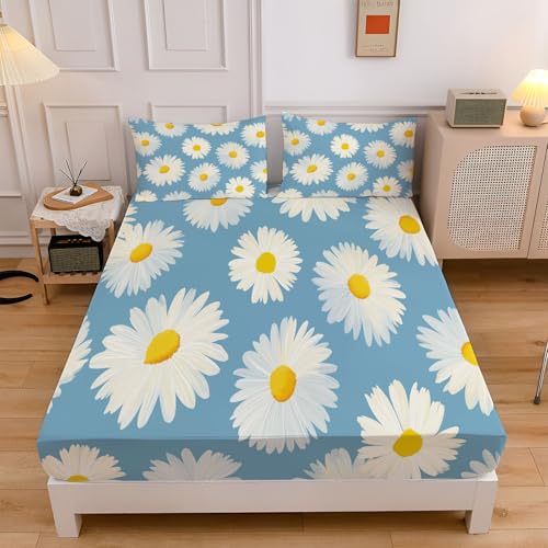 Sábana Bajera Ajustable 105x190cm,Acuarela Margarita Pétalos, Sábana Ajustable, Microfibra Suave, Abstracto Floral Juego de Cama con Bolsillo Profundo de 30 cm, Tacto Suave Sábana para Cama 105