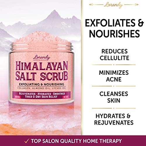 Lorandy Himalayan Salt Scrub - Made in USA - Infused with Collagen and Stem Cells - Perfect Body Scrub with Natural Almond & Lychee Oils - Exfoliating Scrub That Rejuvenates, Smoothes & Hydrates