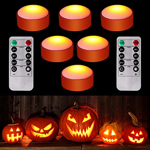 Image of Riakrum 6 Pieces Halloween Remote Timer LED Lights with Remote Summer Halloween LED Pumpkin Lights Battery Operated Lantern Bright Flameless Candle(Orange)