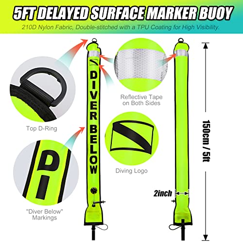 Scuba Surface Marker Buoy (Smb) Set, 5Ft Hi-Visibility Reflective Band Open Bottom Safety Sausage With 100Ft Alloy Finger Spool Dive Reel And Double-Ended Snap Hook Fits Underwater Fluorescent Yellow #TOP2